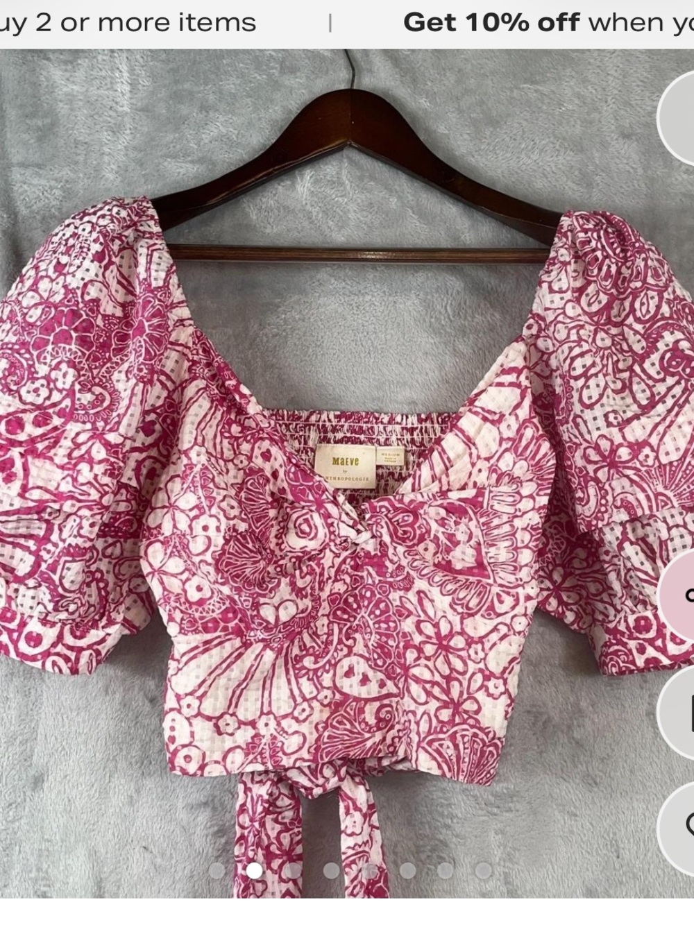 Maeve Pink Floral Puff-Sleeve Tie-Back Crop Top - Picture 2 of 2